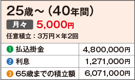 25歳〜（40年間）月々5,000円 任意積立：3万円×年2回