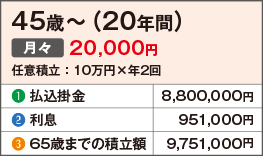45歳〜（20年間）月々20,000円 任意積立：10万円×年2回