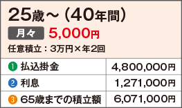 25歳〜（40年間）月々5,000円 任意積立：3万円×年2回