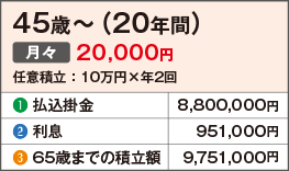 45歳〜（20年間）月々20,000円 任意積立：10万円×年2回